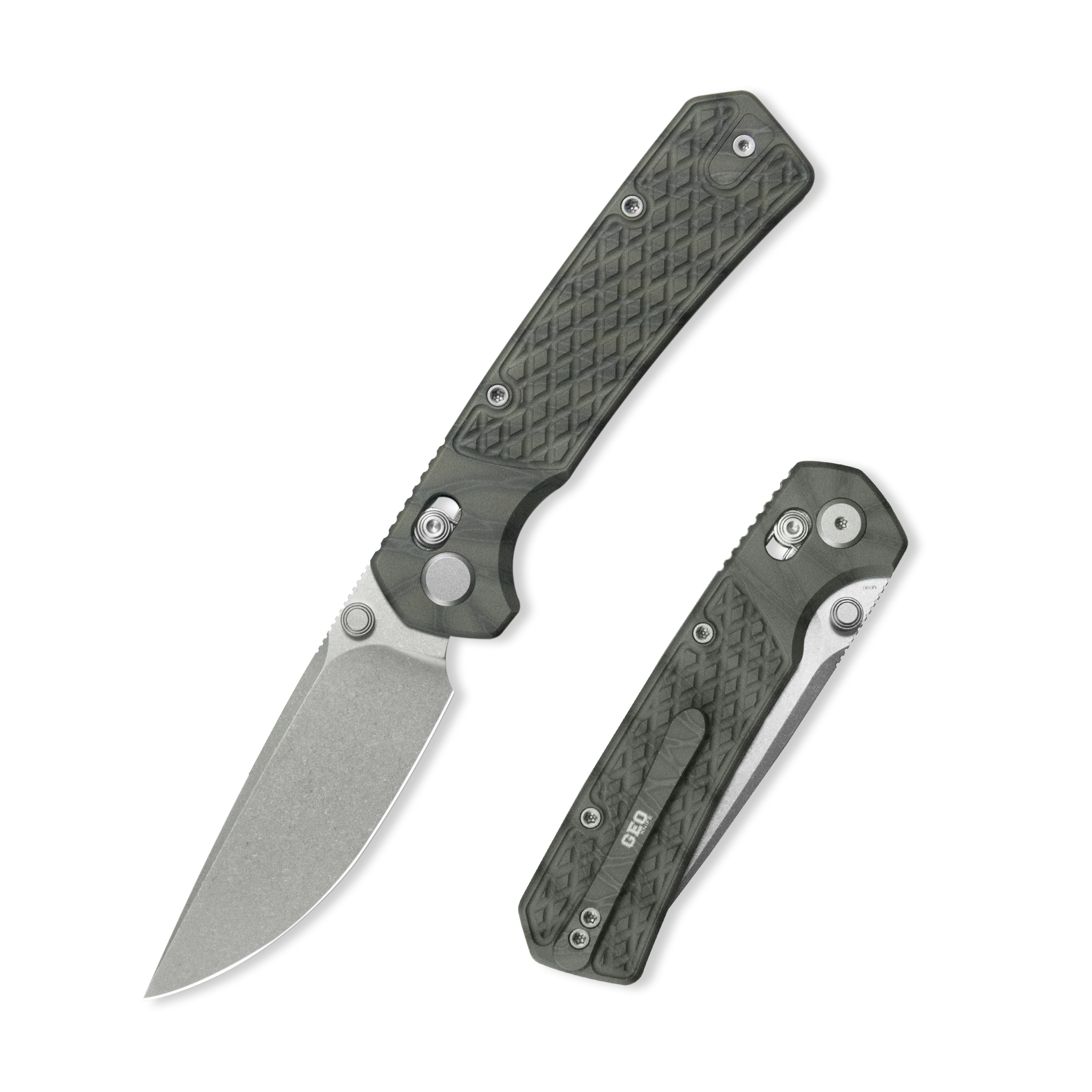 Geo knife Blaze Axis lock Folding Knife Tiger Stripe Pattern Flamed 6AL4V Titanium Handle 3.4" Stonewash Bohler M390 Blade GEO2502C