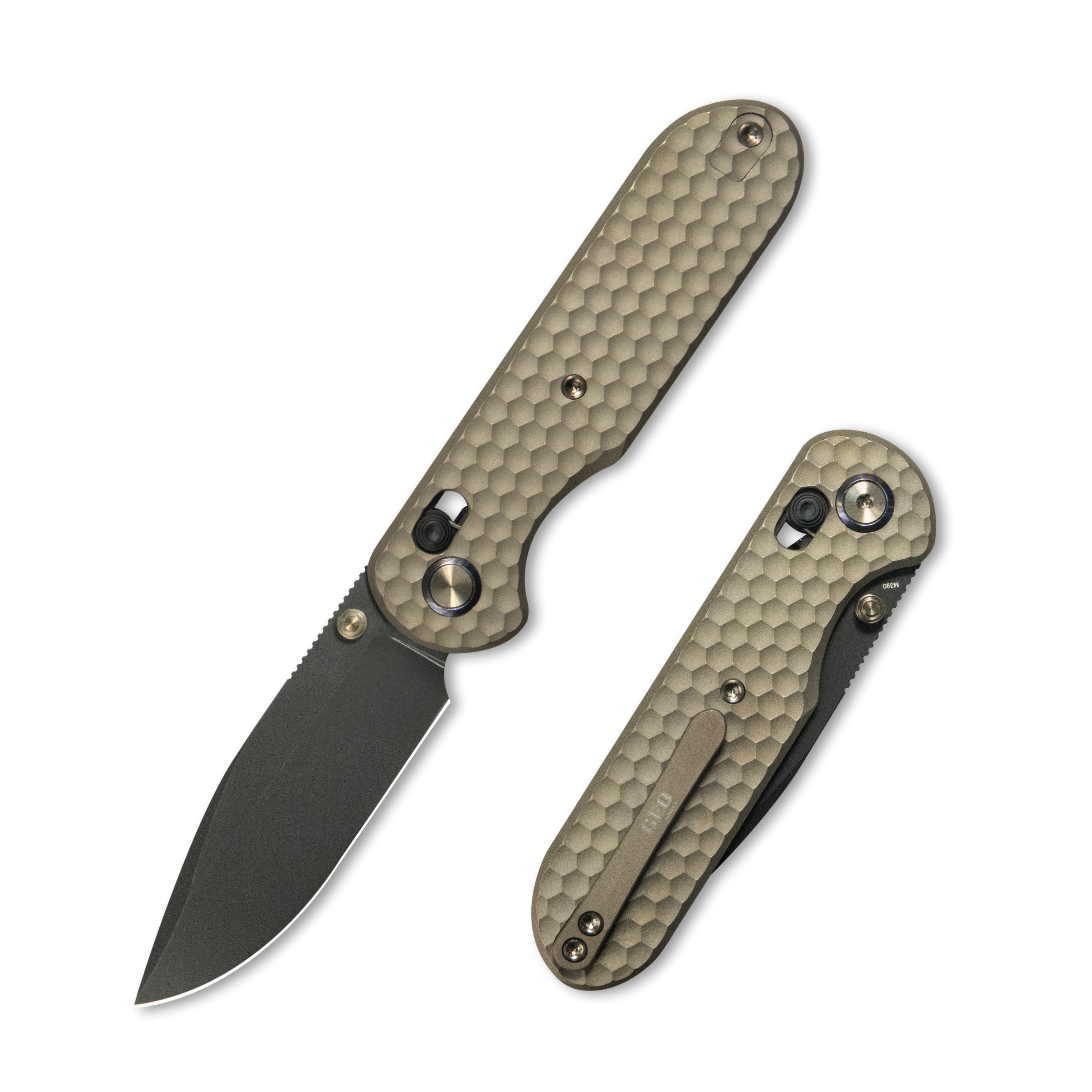 Geo knife Ethereal Cutter Axis Lock Folding Knife Bronze 6AL4V Titanium Handle 3.0" Blackwash Bohler M390 Blade  GEO2402B