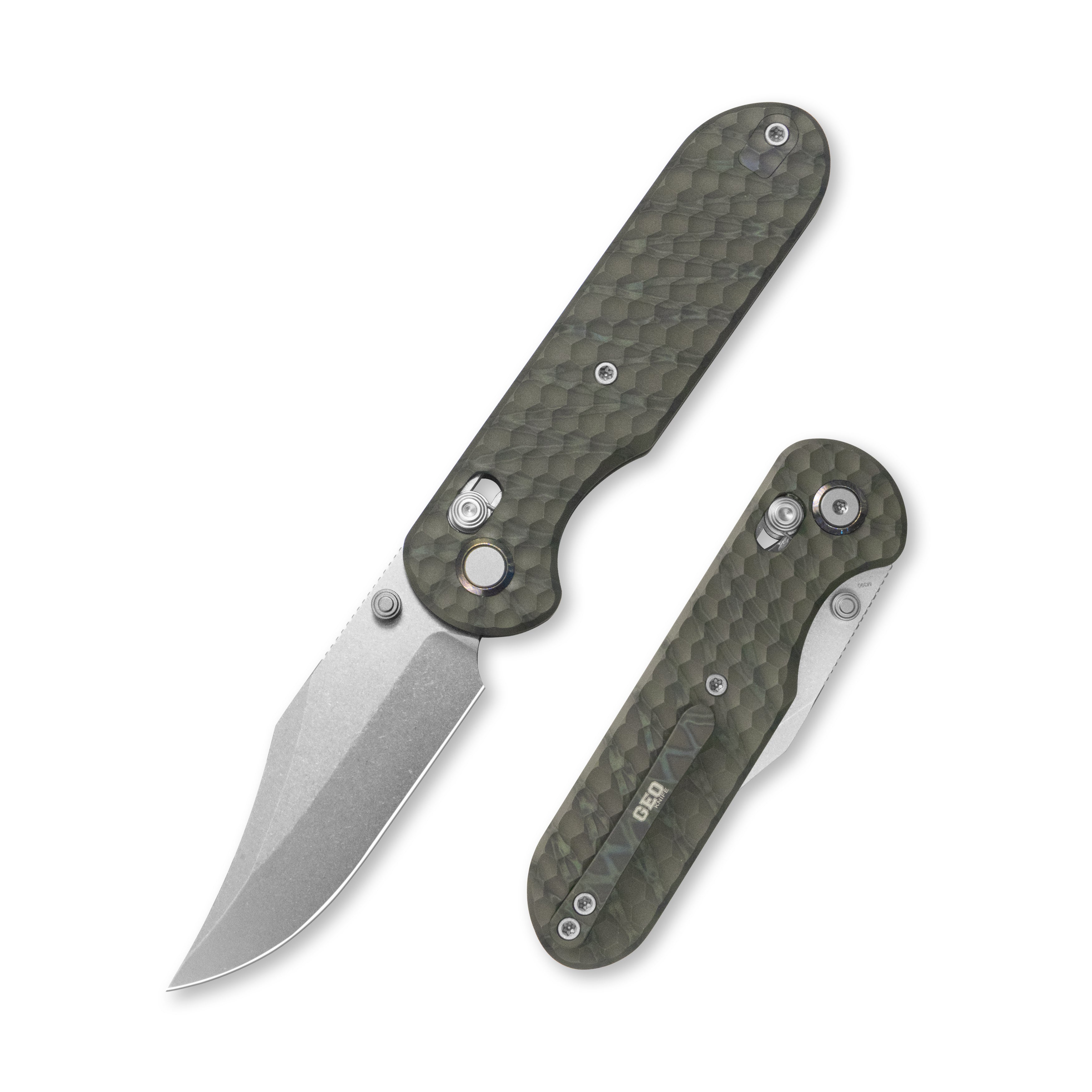 Geo knife Ethereal Cutter Axis lock Folding Knife Tiger Stripe Pattern Flamed  6AL4V Titanium Handle 3.0" Stonewash Bohler M390 Blade GEO2401J