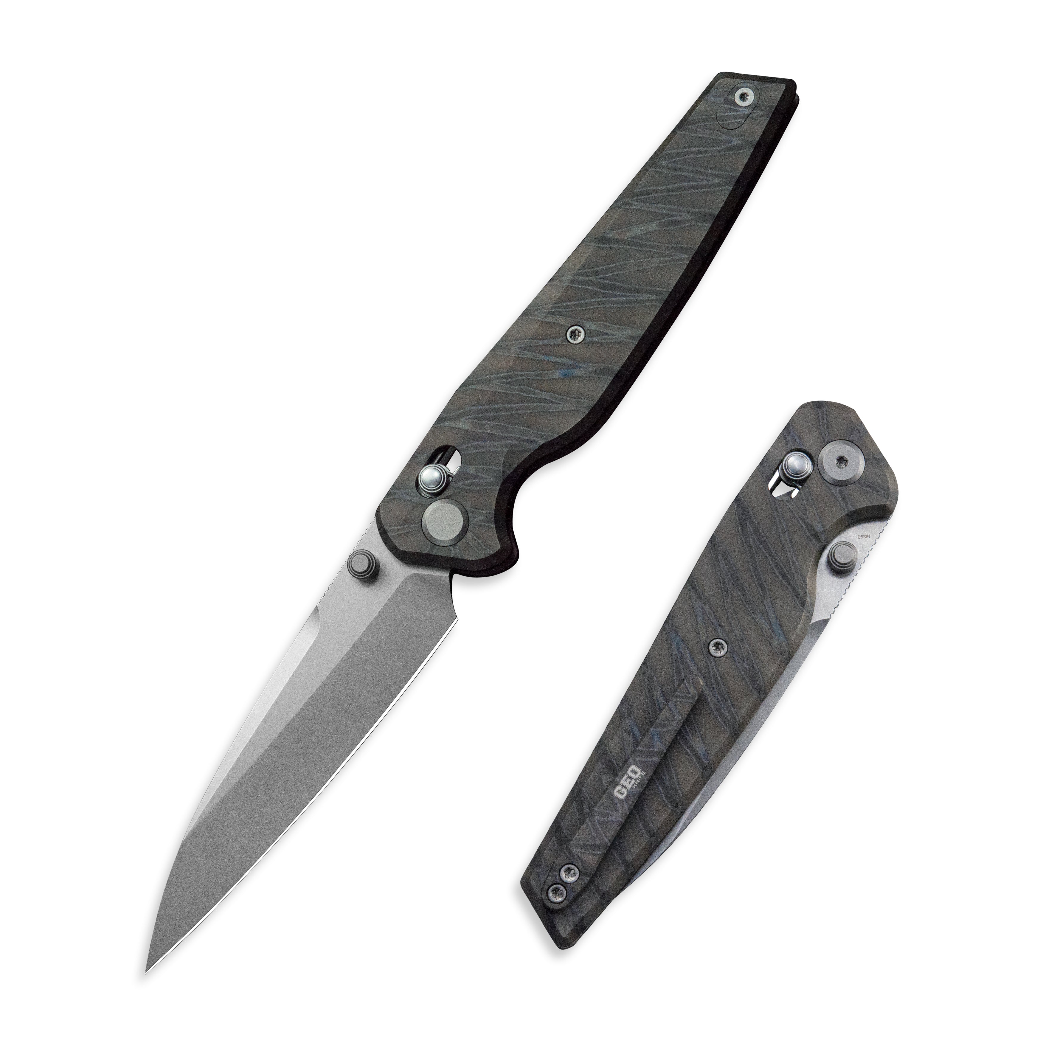 Geo knife FANTASM Axis lock Folding Knife Tiger Stripe Pattern Flamed  6AL4V Titanium Handle 3.9" Stonewash Bohler M390 Blade GEO2505B