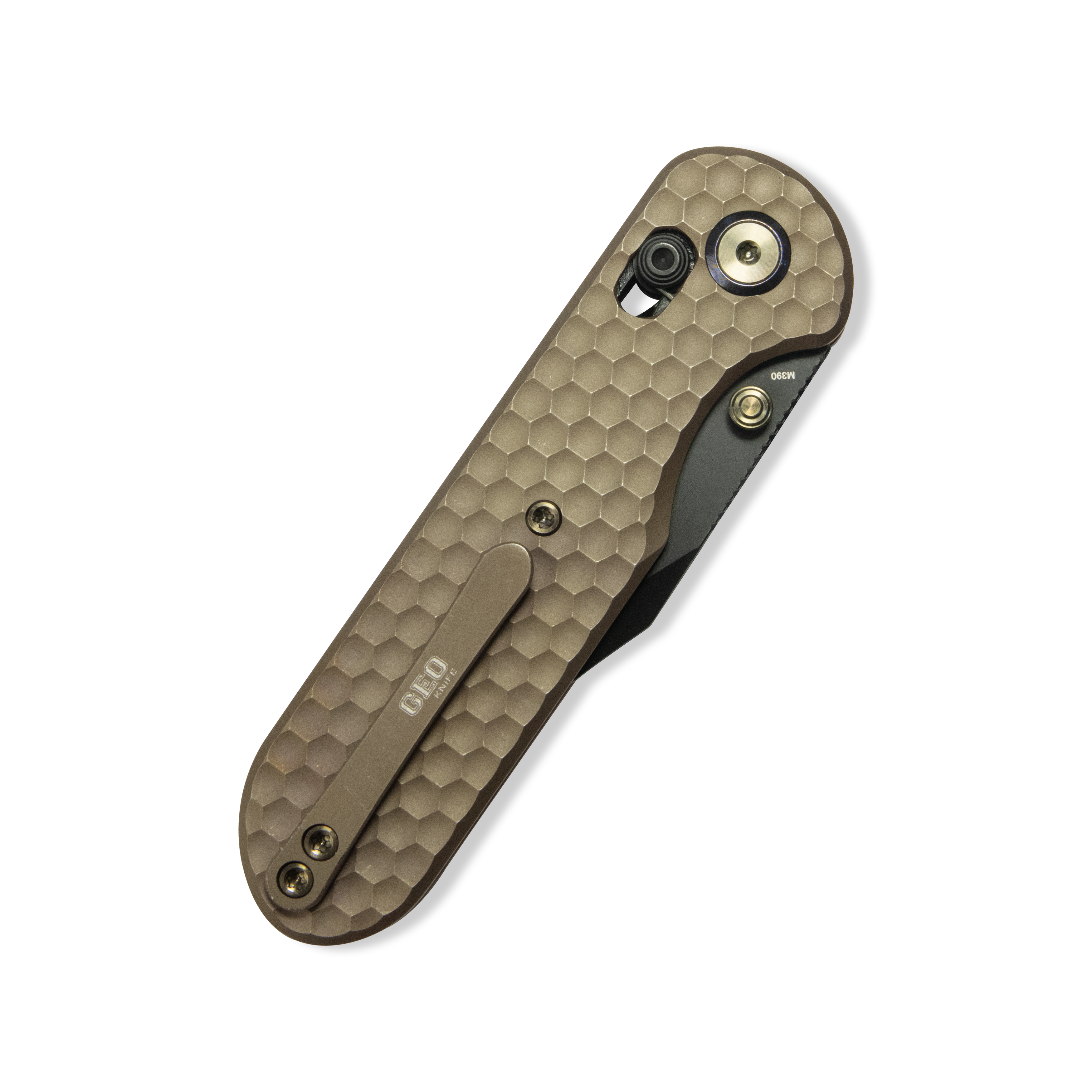 Geo knife Ethereal Cutter Axis lock Folding Knife Bronze 6AL4V Titanium Handle 3.0" Blackwash Bohler M390 Blade GEO2401B
