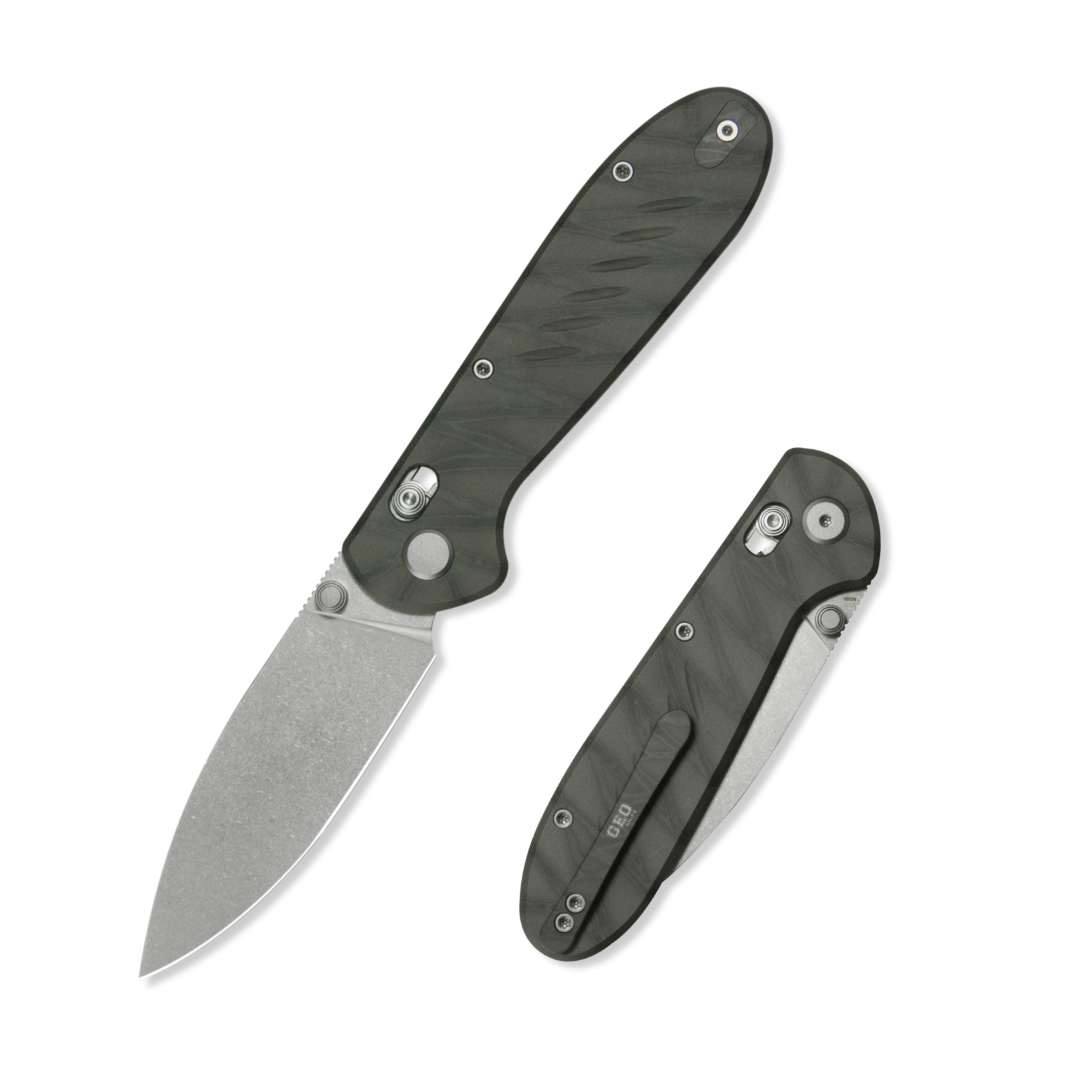 Geo knife Frost Axis lock Folding Knife Tiger Stripe Pattern Flamed  6AL4V Titanium Handle 3.4" Stonewash Bohler M390 Blade GEO2501C