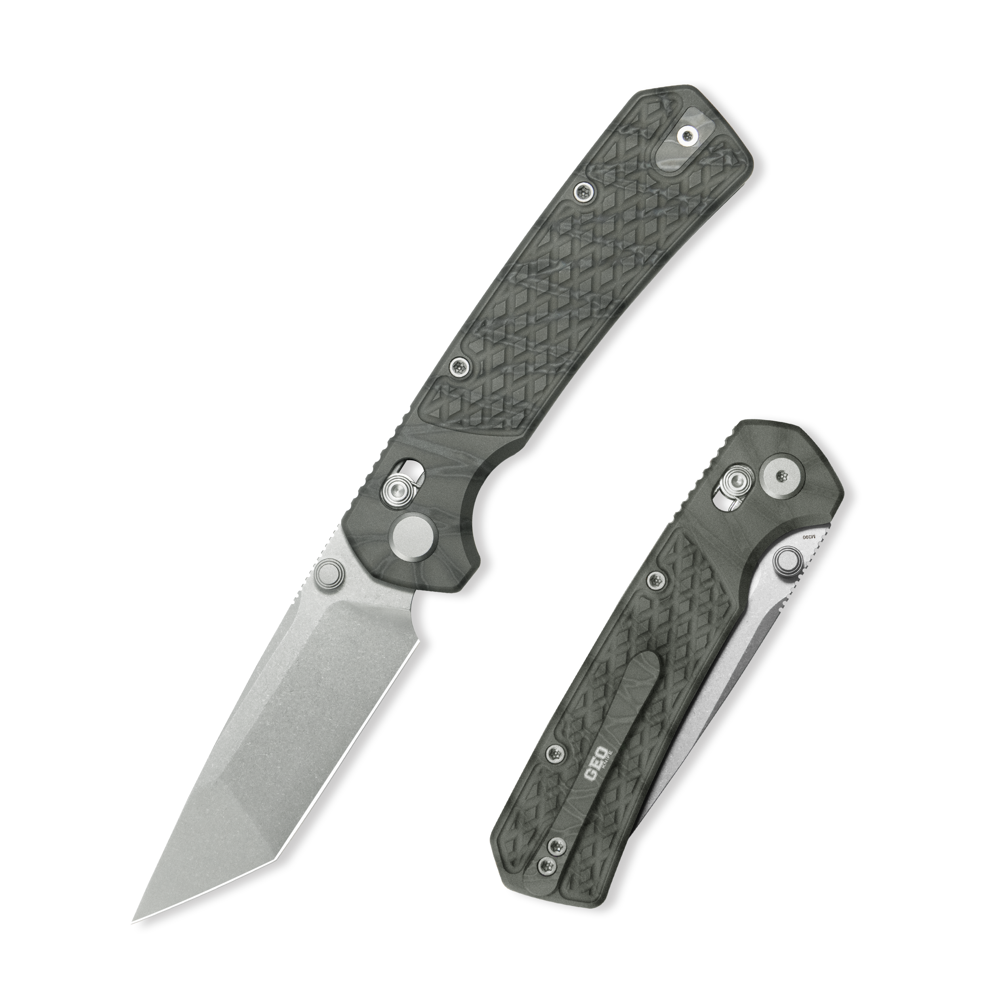 Geo knife Blaze Axis lock Folding Knife  Tiger Stripe Pattern Flamed 6AL4V Titanium Handle 3.4" Stonewash Bohler M390 Blade GEO2503C